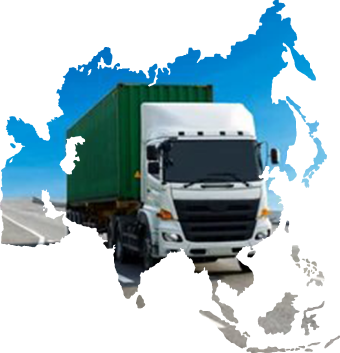 Green container truck driving on open road across Oman and India